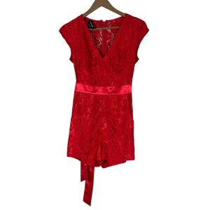 NWT Bebe Lace Romper Womens 4 Red Belted Sexy Y2K Coquette Holiday Night Out